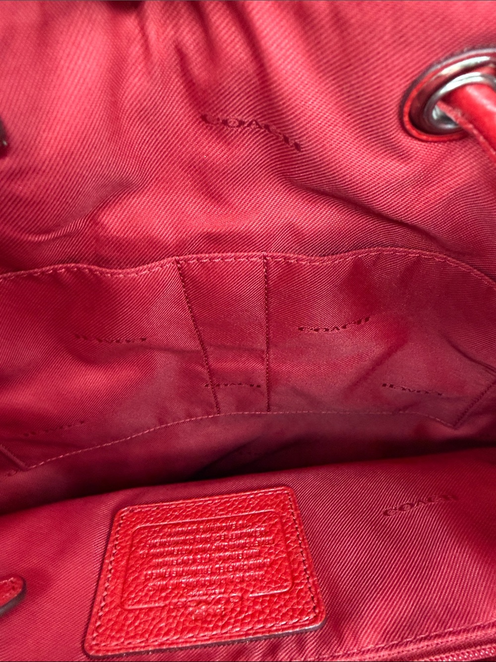 Coach Red Pebbled Leather Drawstring Backpack with Front Pockets - Picture 13 of 16